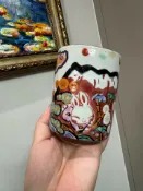 古瓷堂日本回流瓷器 日本進口 夕立窯富士日記 手繪兔子湯吞杯 陶瓷 富士山 彩繪 全手工 日式可愛 250ml 喝茶杯 禮物