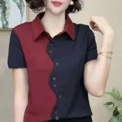 媽媽裝流行歐若拉時尚潮牌女裝寬鬆夏裝女士獨特漂亮小衫休閒短袖