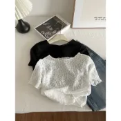 𝑲𝑨𝑶𝑺 現貨|3色韓系滿版小雛菊緹花網紗短版短袖上衣|短版上衣 打底 蕾絲 緹花 網紗 透視 疊穿 百搭