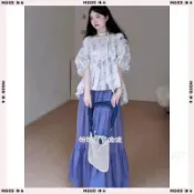 泡泡袖荷葉邊襯衫 高腰大擺裙 套裝女 兩件套套裝 渡假風 顯瘦 中大尺碼 胖MM 氣質洋裝 裙裝女