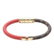 LV M8277F經典Monogram帆布半紅皮革交織手環(紅/棕)