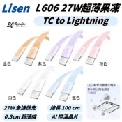 3C共和國 Lisen 27W TC to Lightning L606 充電線 快充線 超薄 果凍 適 iPhone 12 13