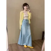 四季。經典百搭必備款 修身顯瘦水洗牛仔高腰A字大裙擺長裙-Euphoria Store
