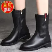 【臺灣現貨】（現貨免運）⊕♗▥真皮馬丁靴女秋冬季平底短靴中筒靴女皮靴加絨粗跟女靴子