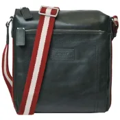 BALLY TUSTON 品牌皮革LOGO紅白織帶牛皮斜背郵差包(深墨綠色)