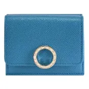 【BVLGARI 寶格麗】簡約金屬釦LOGO牛皮雙面三折零錢小短夾(藍綠)