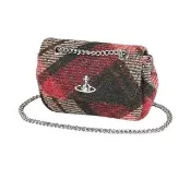 【Vivienne Westwood】Vivienne Westwood金屬星球LOGO格紋羊毛翻蓋磁釦式銀鍊帶斜背/肩背包(迷你/多色)