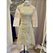 媽媽小姐新娘禮服洋裝 尺碼XL 金色高檔網紗蕾絲不規則刺繡花朵 旗袍洋裝 短版 年輕俏麗氣質貴氣 實穿