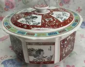 早期大同瓷器錦龍富貴紅四角印八角燉盅/湯甕/ 湯碗