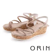 ORIN 牛皮水鑽細帶纏繞楔型厚底涼鞋 裸色