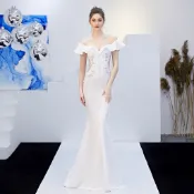 ParrotFashion敬酒服新娘長款紅色一字肩答謝宴修身魚尾裙結婚晚禮服女