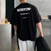 [HYC] 韓國 BOSTON 立體發泡 波士頓 LOGO 英文 簡約 落肩 寬鬆 短T 短袖 上衣 發泡T 城市T
