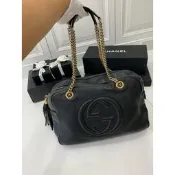 GUCCI soho黑色 大雙G 壓紋 全皮 方形 肩背包 手提包 側背包 鍊條包