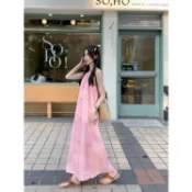 均碼 女生衣著 迷你裙 姐妹裝  吊帶 連衣吊帶 網紅 新款連衣 ！度假風粉色暈染掛脖吊帶洋裝女甜美顯瘦大擺