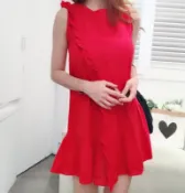 正韓 渡假感棉麻背心紅色洋裝