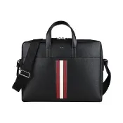 【BALLY】BALLY Mythos經典燙印LOGO牛皮搭紅白直紋斜背公事包(黑)
