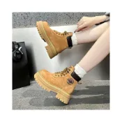 (店+)馬丁靴厚底增高馬丁靴女短靴女款時尚休閑百搭粉色靴子綁帶馬丁靴圓頭霧面皮革耐磨加固鞋頭大尺碼寬楦防滑大底英倫綁帶機風穿搭秋冬顯瘦防碰撞鞋頭軟皮通勤上班戶外逛街日常外出側拉鍊