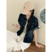 Codibook｜韓國 peachmode 復古水洗短袖丹寧襯衫［預購］襯衫 牛仔外套 女裝
