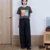 【gozo】立體打褶鬆緊口袋寬褲(黑色/淺綠_F) | 女裝 修身 百搭