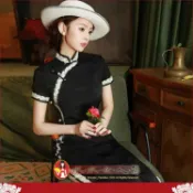 黑色提花蕾絲邊長旗袍年輕款改良復古中國風高級感民國老上海連身裙顯瘦洋裝日常可穿｜夢落芳華｜水水女人國