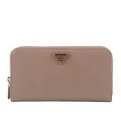 【PRADA 普拉達】三角牌Logo水波紋皮革ㄇ型拉鏈長夾(藕粉色)