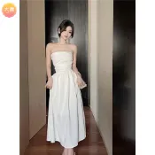 度假长洋裝 白色性感平口洋裝 大尺碼渡假風穿搭连身裙 海边洋裝 露肩修身收腰顯瘦抹胸裙 抹胸復古氣質長款連衣裙 夏季洋裝