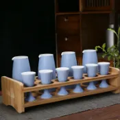 全球選品1館 生活百貨 陶瓷酒具套裝藍色小酒壺中式二兩分酒器高腳杯白酒烈酒杯帶收納架