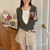 (店+)【Ouch】微醺巴黎（3 colors）開領拼接假兩件 長袖上衣 薄長袖 設計款上衣 兩件式 疊穿 C119