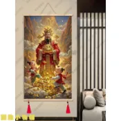 🔥台灣出貨🔥財神八方聚財招財童子掛畫客廳玄關油畫布免打孔實木卷軸裝飾畫 媽祖 關聖帝君 財神爺 文昌帝君 招財