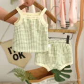 吊帶套裝純棉百天夏季薄款新生兒寶寶夏天衣服周歲兒童兩件套