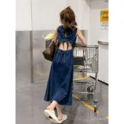 【美女必買】 韓版洋裝 5150藍色抽繩露背牛仔連衣裙女夏季2025新款鏤空設計感收腰顯瘦背心裙 氣質 韓版0519 V