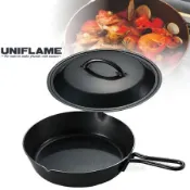 【日本 UNIFLAME】日本製 黑皮鐵板平底鍋 10吋附蓋.長柄平底煎鍋.平底黑皮鐵鍋.燒烤盤.煎盤/可煎煮.煎烤.烤肉.炒菜.牛排等/661062