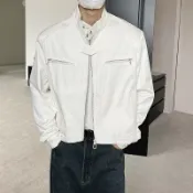 美式高街頭小眾立領高級感飛行服男 拉鍊短版潮牌機車墊肩夾克外套