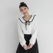 【PolyLulu】 撞色滾邊翻領綁帶針織上衣