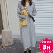 【梨卡】隔日到貨 女裝 V領 洋裝 連身裙 長裙 長洋裝 針織裙 針織洋裝 毛衣洋裝 麻花毛衣 DR218【現貨24H】
