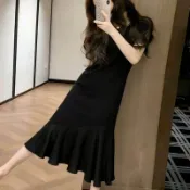 免運+實拍🎁赫本風胖mm遮肉顯瘦短袖洋裝2026夏季大碼女裝荷葉邊絕美魚尾裙