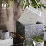 【好物良品】長形水磨石手作水泥盆栽花盆花器(2款任選｜附十字花架)