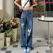 韓版寬鬆破洞直筒牛仔褲 個性刷破牛仔褲 高腰顯瘦破洞牛仔落地褲 牛仔破褲 破褲 深藍色牛仔寬褲 女生牛仔寬褲