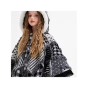 (店+)Iman 臻緻大衣冬季新款黑白格紋斗篷大衣寬鬆流蘇連帽毛絨獨特超好