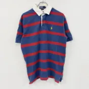 【DOKODEMO】Polo By Ralph Lauren短袖橄欖球衫，條紋圖案，海軍藍配紅色RED， LL 碼，古著。
