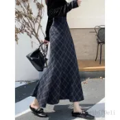 韓版百搭 毛呢半身裙 高腰顯瘦 A字半身裙 復古格毛呢半身裙女秋冬高腰顯瘦垂墜感A字長裙氣質包臀魚尾裙A 0920