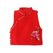 【橘魔法】刺繡梅花側開盤扣鋪棉背心(中國風 大童 新年 過年 馬甲 唐裝 大紅 旗袍 拜年服 女童 兒童 童裝)