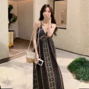 直條綁脖吊帶罩杯長洋【30903】春夏新款民族風渡假出遊露肩無袖細肩帶印花連身洋裝 連身裙連衣裙 Sandy33