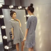 FINDSENSE服飾 FINDSENSE G5 韓國時尚 夏裝 學生 寬鬆 條紋 短袖 連身裙 魚尾裙