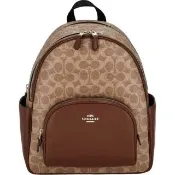 【COACH】焦糖咖啡X卡其PVC滿版LOGO中款雙拉鍊前口袋後背包