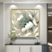 半屋 壁畫 飯廳油畫美式手繪裝飾畫現代輕奢高檔玄關畫歐式掛畫白色牡丹花卉