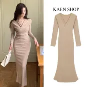 KAEN SHOP ❤️8614秋冬新款V領魚尾裙 絨感S身材洋裝 女修身綁帶顯瘦包臀裙 秋天魚尾洋裝 氣質洋裝