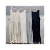 (店+)【FEE BABY】雙面綁帶森系蛋糕長洋 洋裝 連身裙 長洋裝 蛋糕裙 透膚 棉麻洋裝 休閒洋裝 綁帶 無袖 無內襯洋裝 黑色 燕麥色 灰藍色 白色