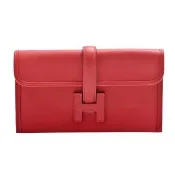 【Hermes 愛馬仕】經典Jige Duo系列小牛皮H扣環掀蓋長夾/手拿包(紅色H065699CA-RED)