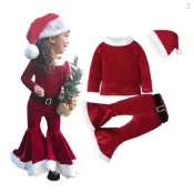 Toyutw)1-7 歲女嬰聖誕服裝套裝長袖上衣喇叭褲珊瑚絨聖誕老人服裝,紅色 80 碼